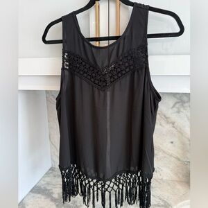 NWOT Boho Black Sheer Crochet Lace Fringe Tank Top XL | Festival Beach Cover Up